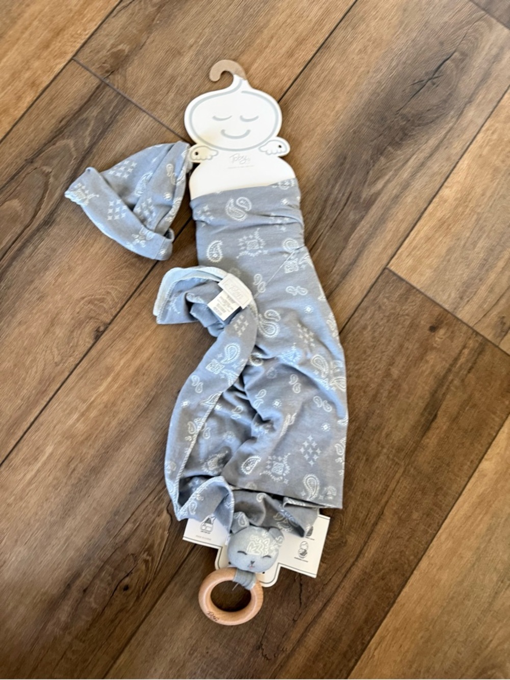 Baby Matching 3 pc NB Set - Soft Gray Paisley Swaddle, Hat & rattle Toby nuetral